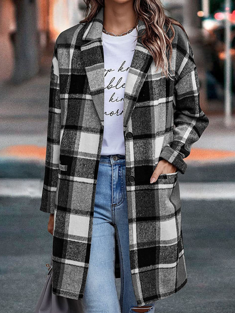 Chic lång rutig jacka kappa för kvinnor