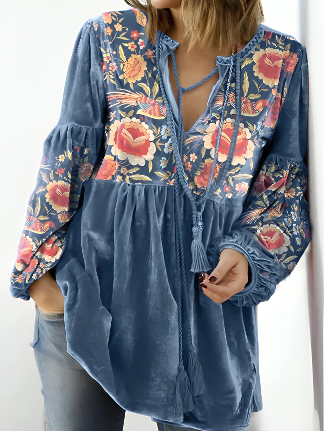 V-ringad dragsko blommig sammet tröja för kvinnor