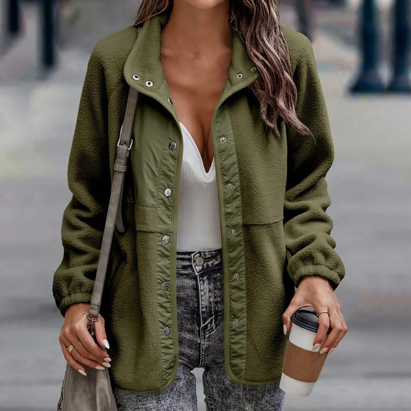 Avslappnad knapp vinter fleecejacka kappa för kvinnor