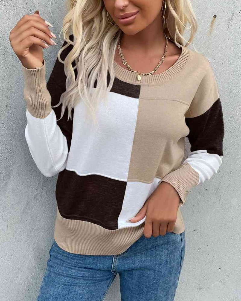 Chic bekväm färgblock varm tröja för kvinnor