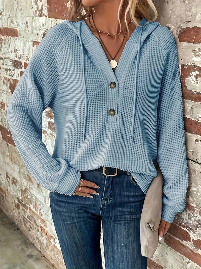 Mångsidig våffelstickad tröja med huva för kvinnor