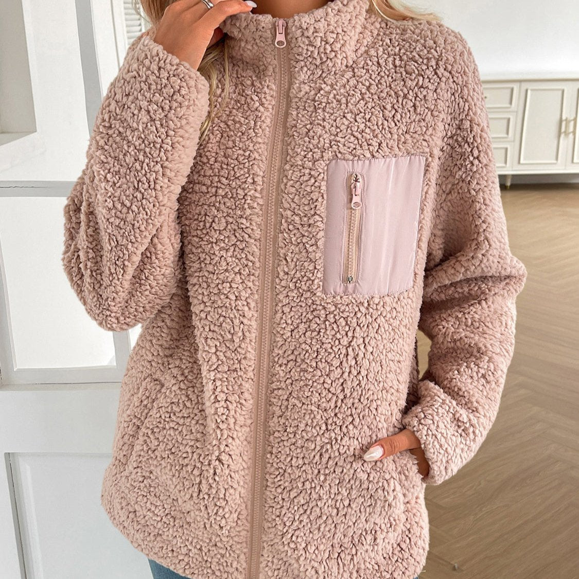 Avslappnad vinter fleecejacka med dragkedja för kvinnor