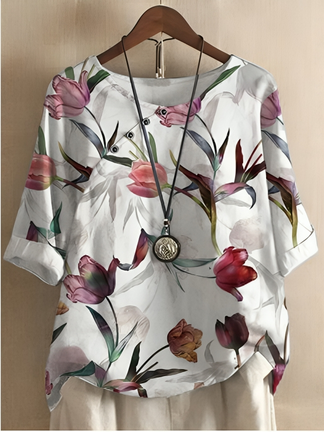 Löst avslappnad blus med tryck för kvinnor