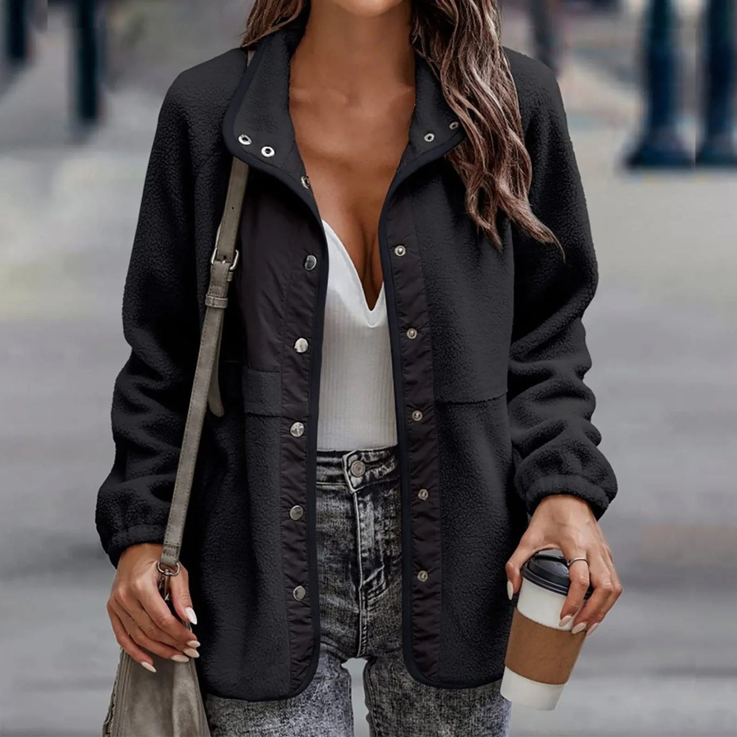 Avslappnad knapp vinter fleecejacka kappa för kvinnor