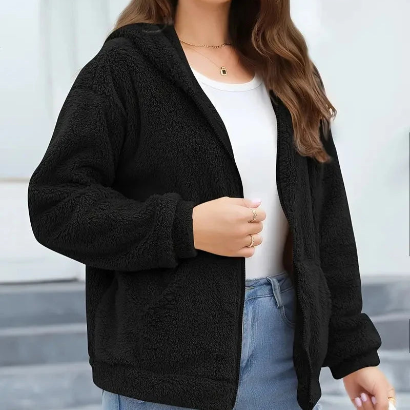 Avslappnad fleece dragkedja vinterjacka med huva för kvinnor