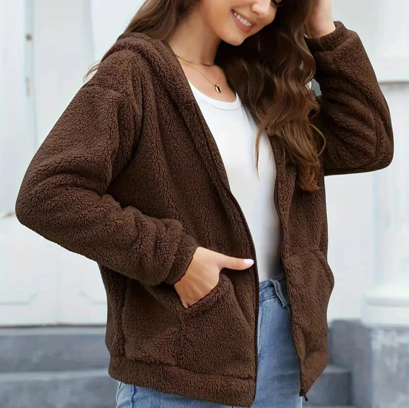 Avslappnad fleece dragkedja vinterjacka med huva för kvinnor