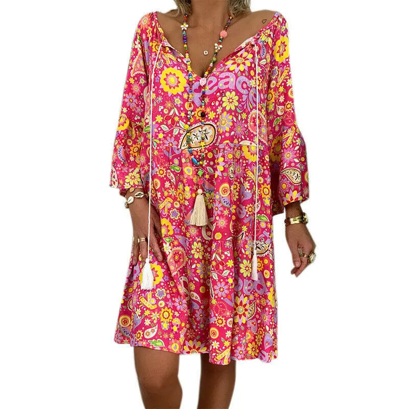 Vintage snygg boho blommigt tryck lös långärmad klänning för kvinnor
