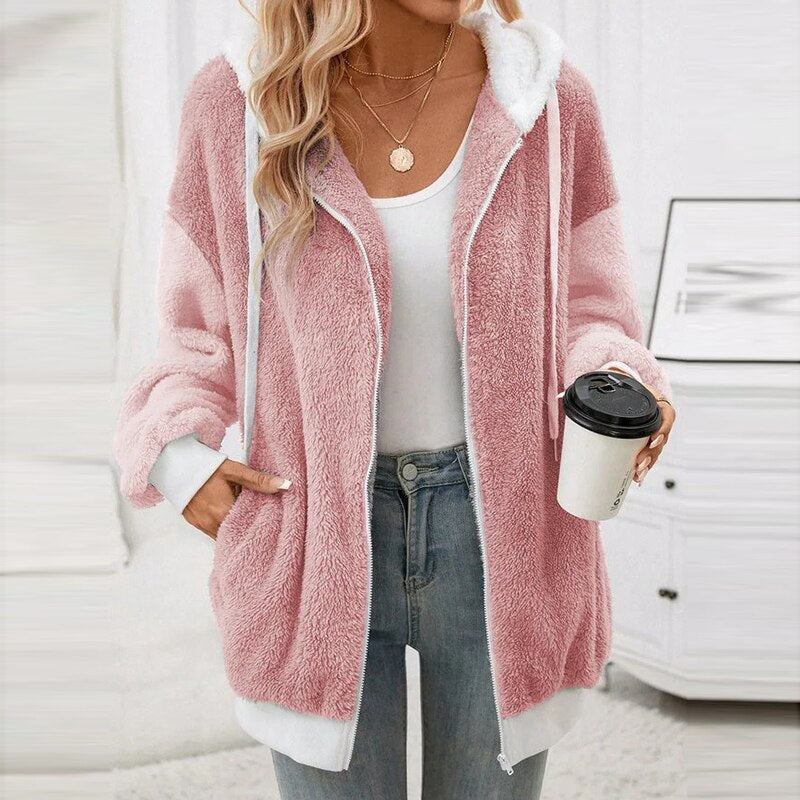 Mysig fleece vinterjacka med huva för kvinnor
