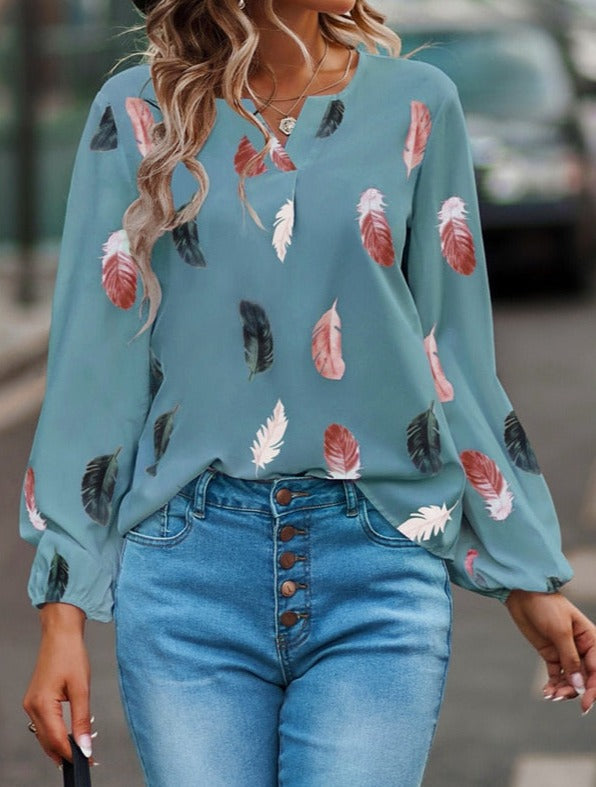 Fjädermönstrad elegant långärmad blus för kvinnor
