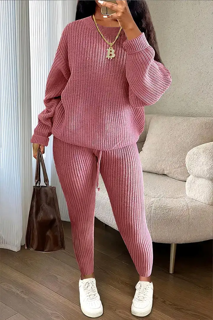 Avslappnad stickad tröja och byxor vinterset för kvinnor