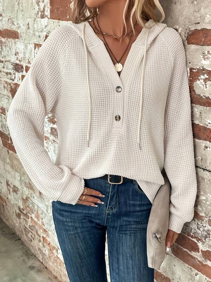 Mångsidig våffelstickad tröja med huva för kvinnor