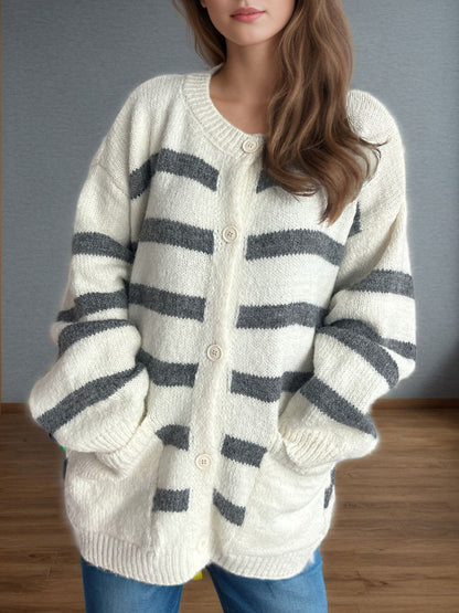 Mysig lös randig varm knappkofta för kvinnor