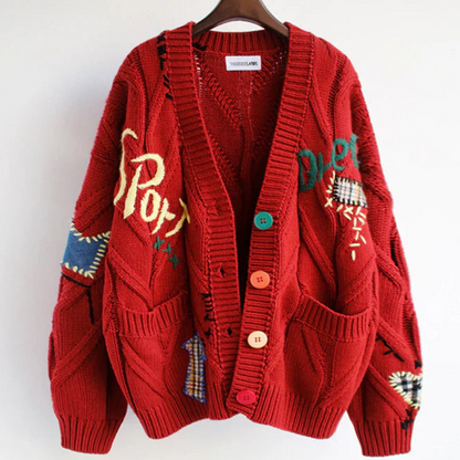 Snygg broderad stickad cardigan tröja för kvinnor