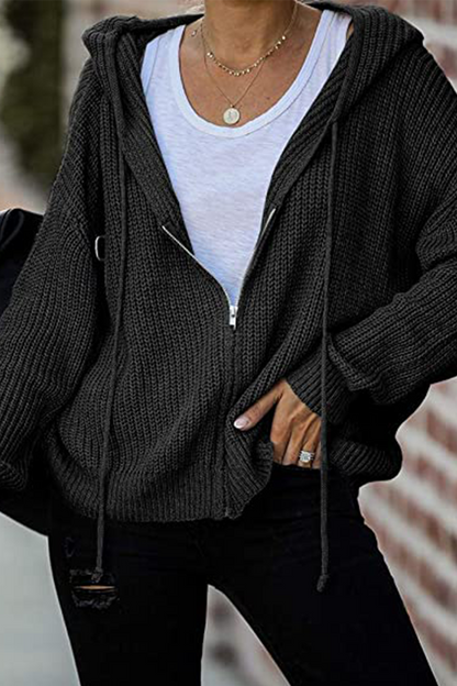 Avslappnad stickad huvjacka med dragkedja för kvinnor