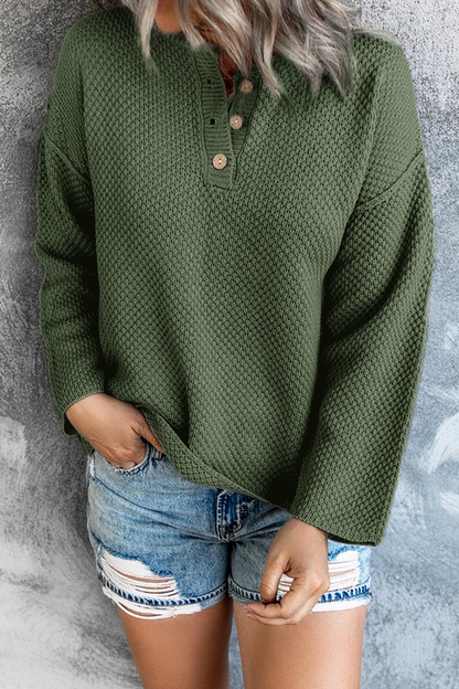Löst stickad v-ringad med knapp tröja för kvinnor