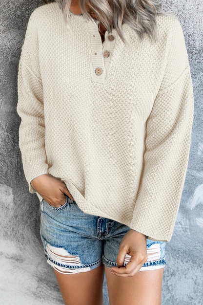 Löst stickad v-ringad med knapp tröja för kvinnor