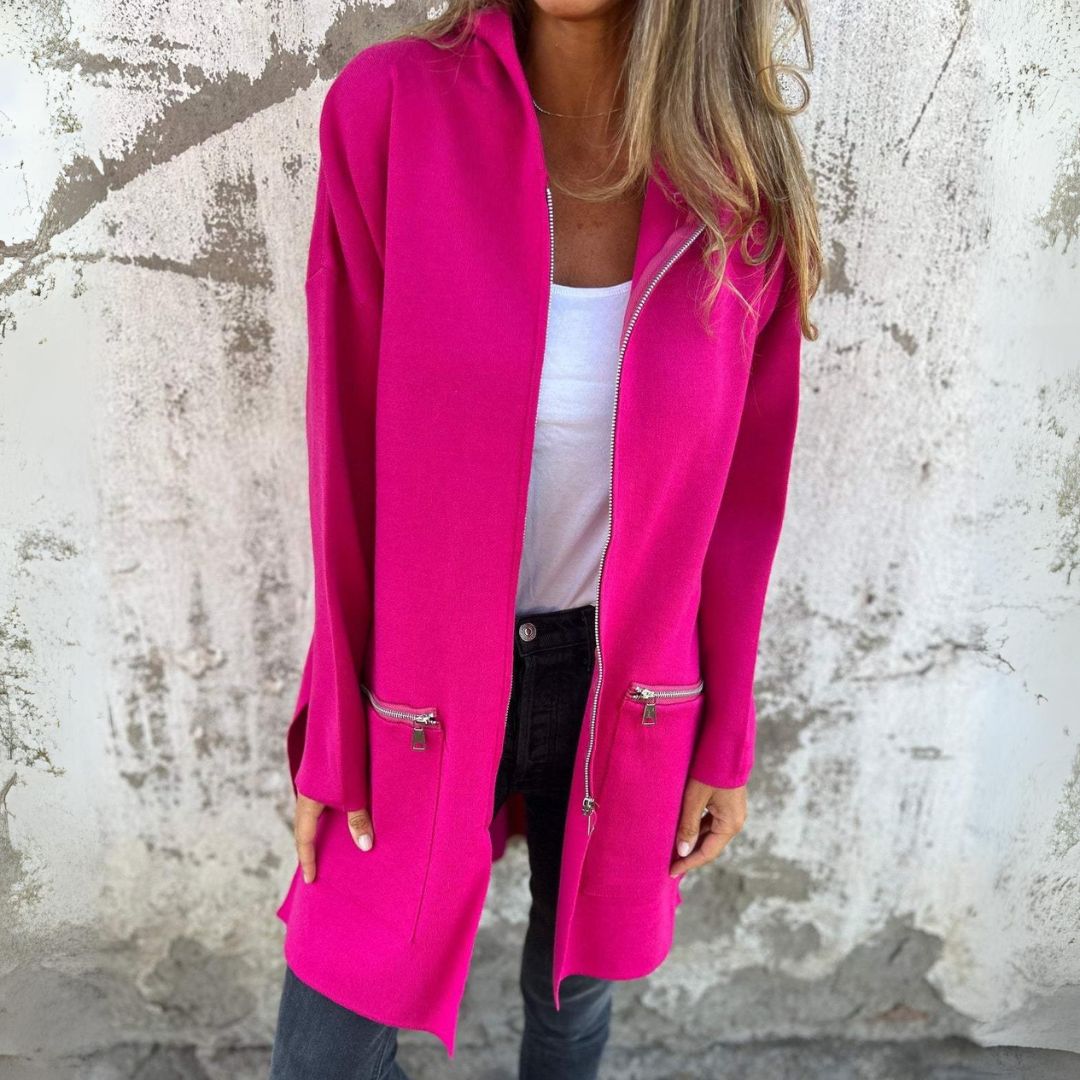 Varm lång jacka kappa med dragkedja och huva för kvinnor