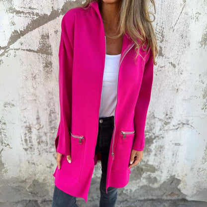 Varm lång jacka kappa med dragkedja och huva för kvinnor