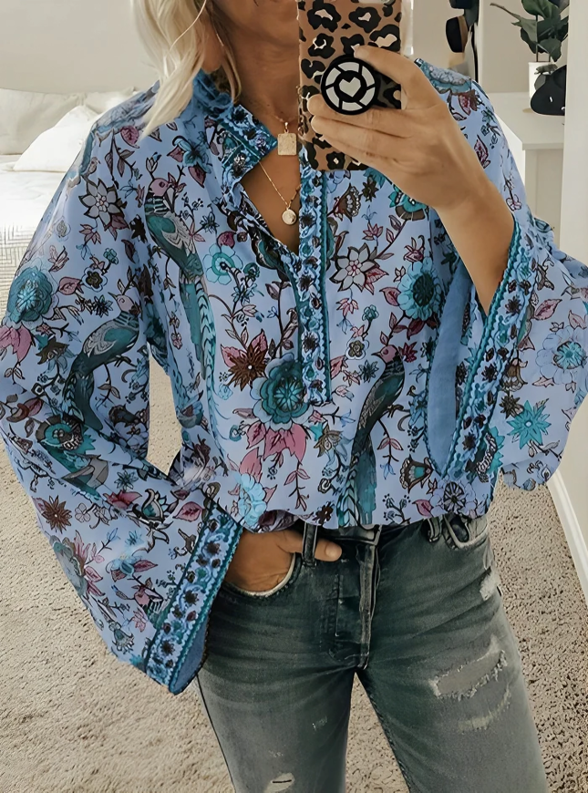 Lösa bohemiska blommiga flare långärmad blus för kvinnor