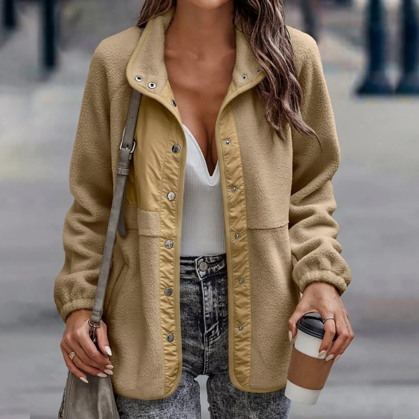 Avslappnad knapp vinter fleecejacka kappa för kvinnor