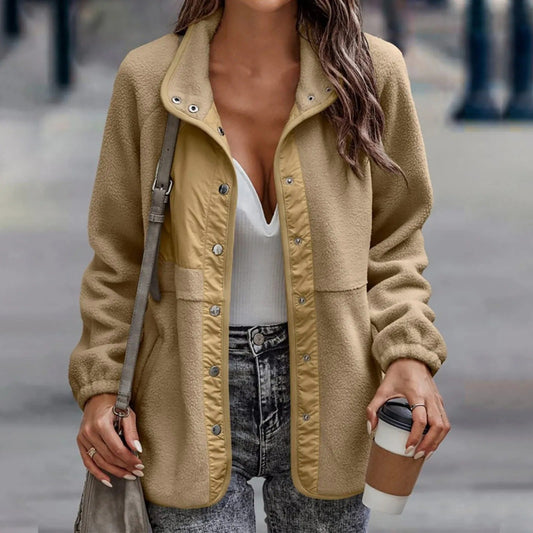 Avslappnad knapp vinter fleecejacka kappa för kvinnor