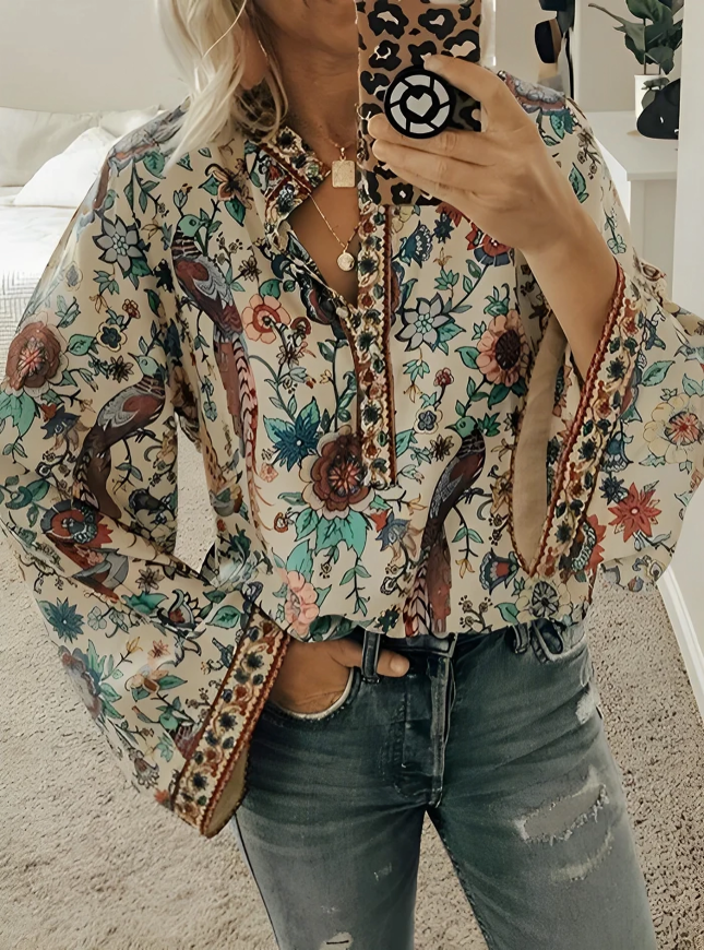 Lösa bohemiska blommiga flare långärmad blus för kvinnor