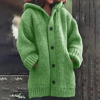 Oversize varm stickad huvjacka med knappar för kvinnor