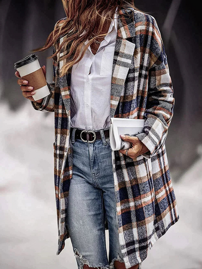 Chic lång rutig jacka kappa för kvinnor