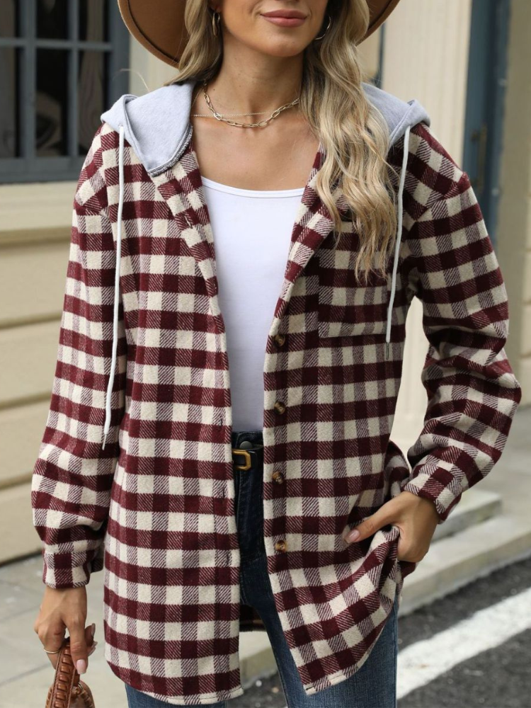 Rutig jacka kappa med dragsko och huva för kvinnor