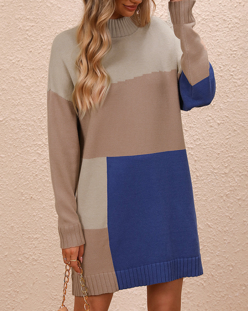 Mysig färgblock lös varm tröja för kvinnor