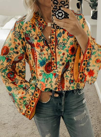 Lösa bohemiska blommiga flare långärmad blus för kvinnor