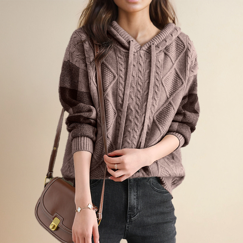 Mångsidig stickad tröja med huva för kvinnor