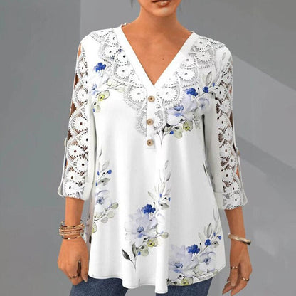 Blommig v-ringad halvärmad blus för kvinnor
