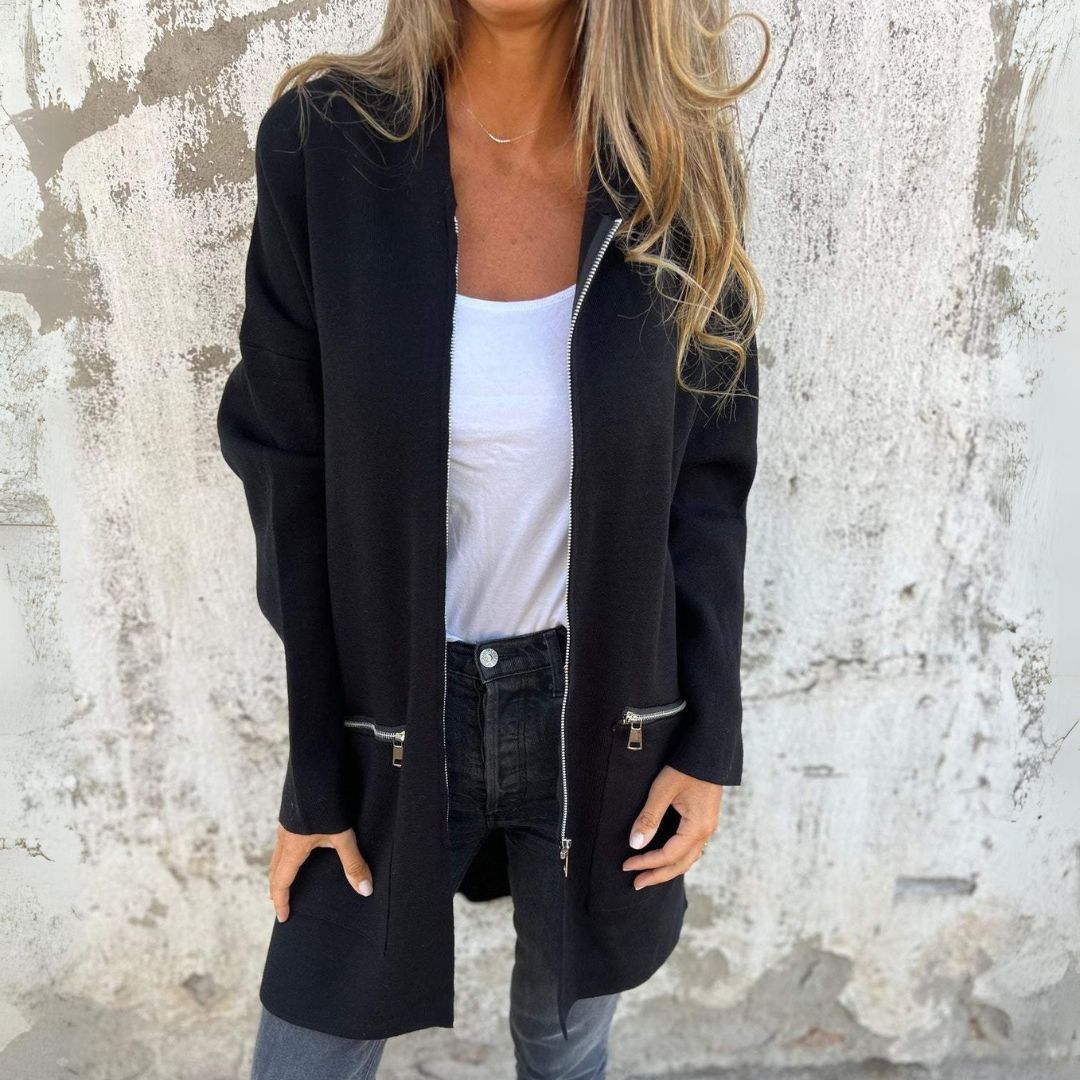 Varm lång jacka kappa med dragkedja och huva för kvinnor