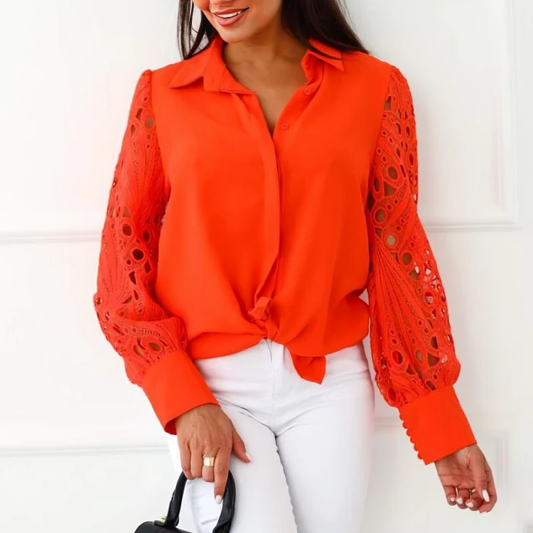 Snygg långärmad polo chiffongblus för kvinnor