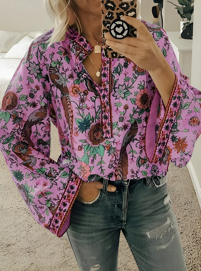 Lösa bohemiska blommiga flare långärmad blus för kvinnor