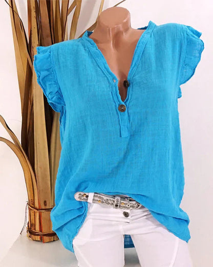 Bekväm v-ringad blus med kort ärm och volang för kvinnor