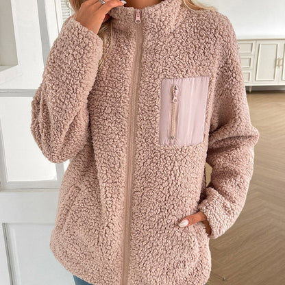 Avslappnad vinter fleecejacka med dragkedja för kvinnor