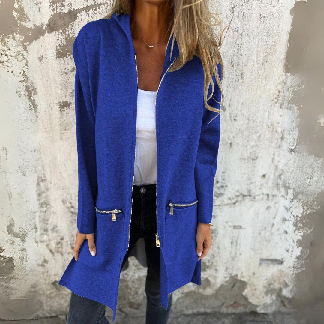 Varm lång jacka kappa med dragkedja och huva för kvinnor