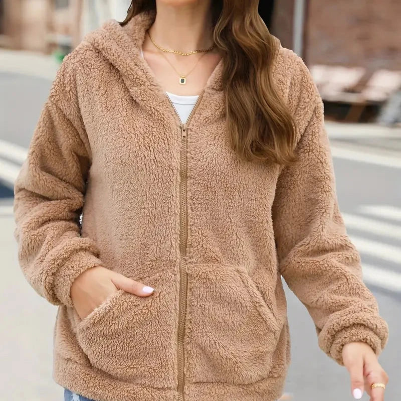 Avslappnad fleece dragkedja vinterjacka med huva för kvinnor