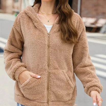 Avslappnad fleece dragkedja vinterjacka med huva för kvinnor