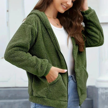 Avslappnad fleece dragkedja vinterjacka med huva för kvinnor