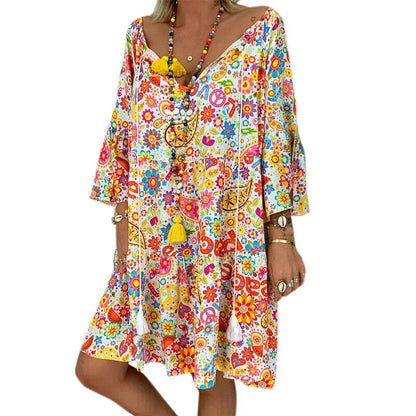 Vintage snygg boho blommigt tryck lös långärmad klänning för kvinnor