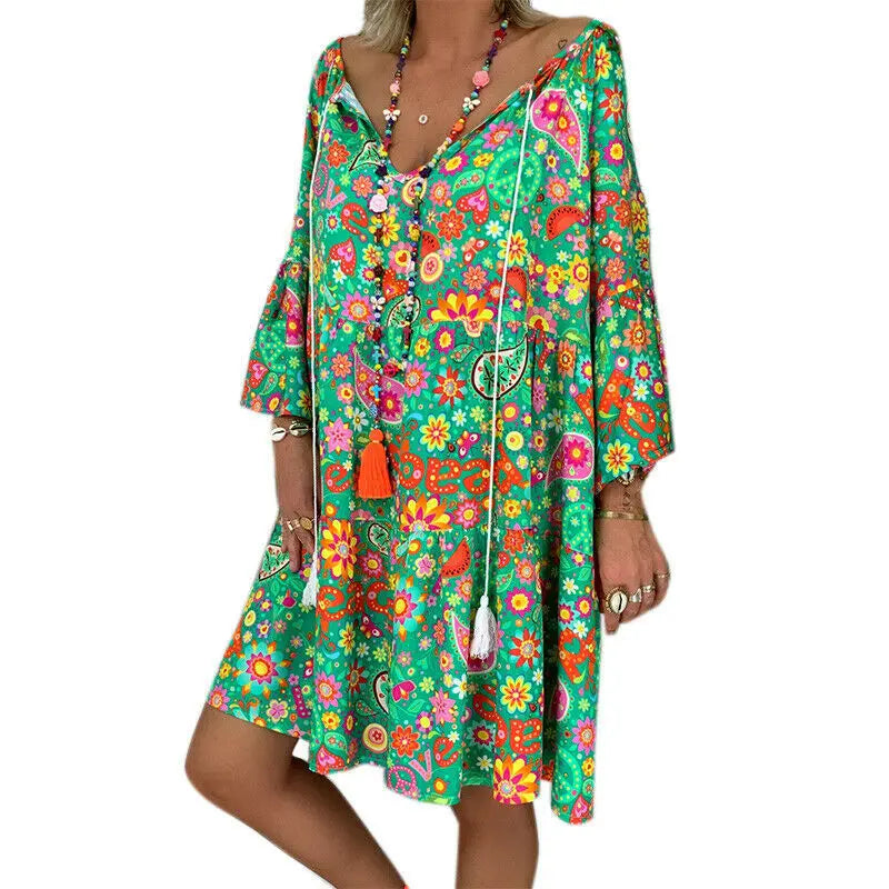 Vintage snygg boho blommigt tryck lös långärmad klänning för kvinnor