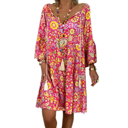Vintage snygg boho blommigt tryck lös långärmad klänning för kvinnor