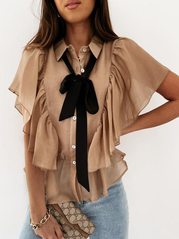 Elegant ryffleblus med band för kvinnor