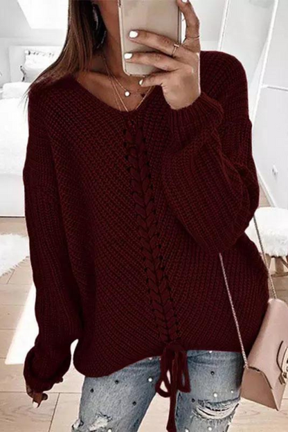 Lös v-ringad stickad tröja med dragsko för kvinnor
