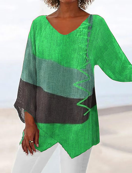 V-ringad långärmad blus med oregelbunden fåll för kvinnor