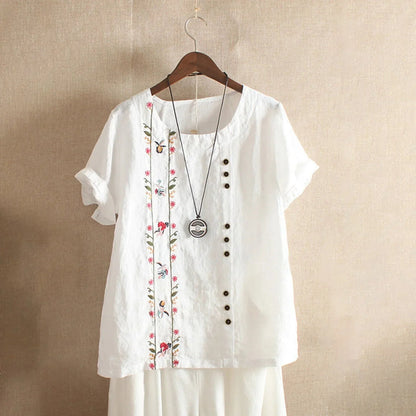 Löst sittande kortärmad blus med rund hals för kvinnor