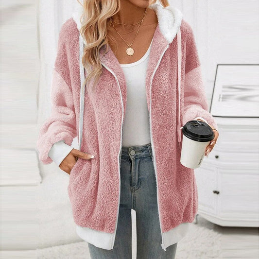 Mysig fleece vinterjacka med huva för kvinnor